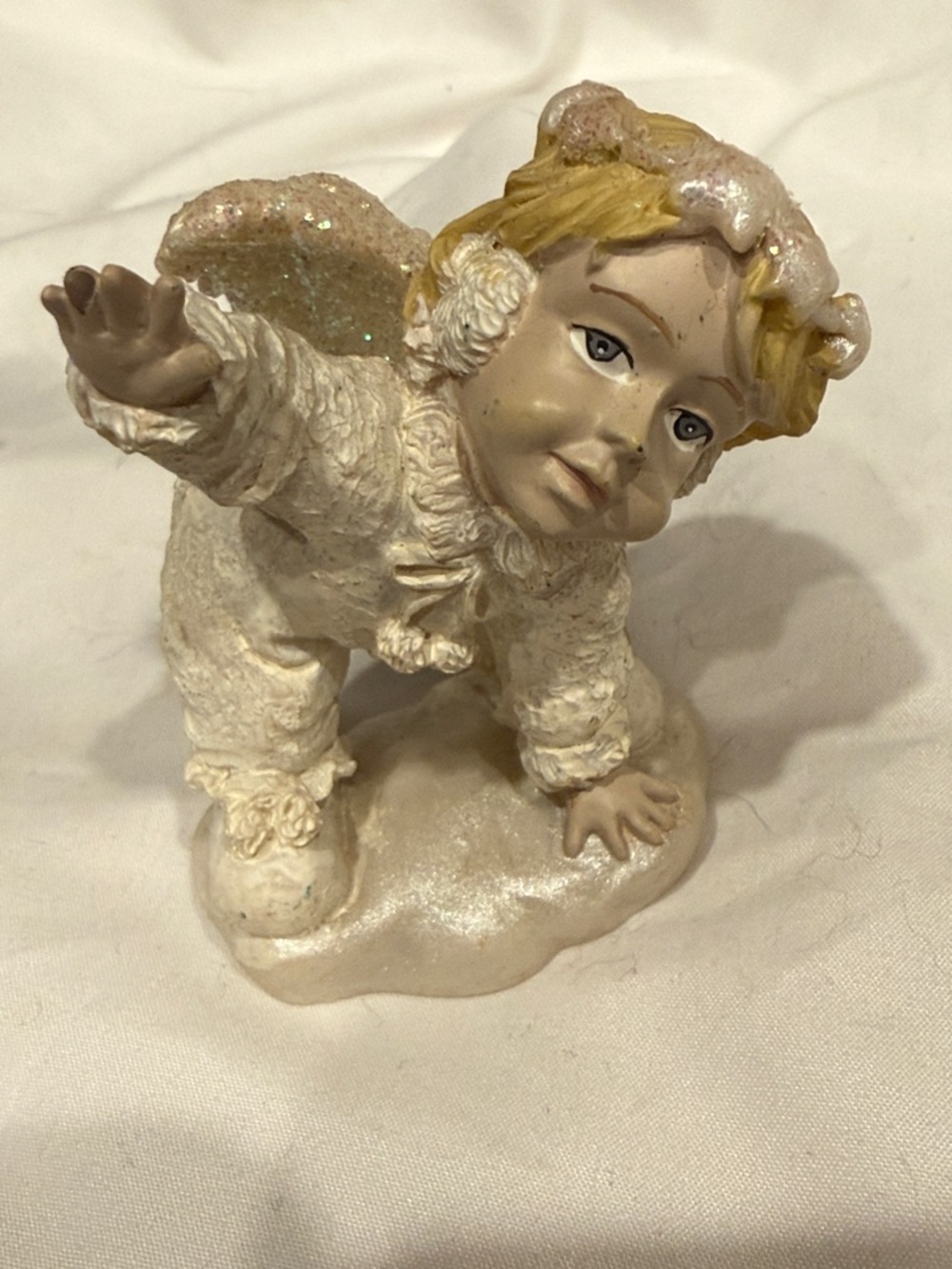 1990’s Snow Angel Figurine in Glitter, Cream and Pink - Home Art